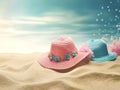 Pink and blue kids straw hats on the sand over blue sky. Children beach holiday concept background. Created with generative Ai