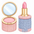 Pink and Blue Knitted Lipstick and Compact Powder Royalty Free Stock Photo
