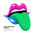 Pink-blue lips with a protruding green tongue. The flag of polysexual pride. A colorful logo of one of the LGBT flags. Sexual Royalty Free Stock Photo