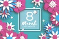 Pink Blue 8 March. Happy Women`s Mother`s Day. Floral Greeting Card. Paper cut Flowers. Origami flower. Square frame Royalty Free Stock Photo