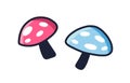 Pink and blue mushrooms isolated on white background. Fantasy poisonous plants, outline fly agaric. Line art vector