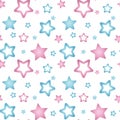 Pink and blue nacre stars on a white background pattern seamless