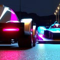 Pink and blue neon glow racing cars Generative AI illustration.