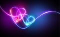 Pink blue neon light drawing, hearts linked together. Abstract doodles isolated on dark background. Glowing single line art.