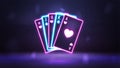 Pink and blue neon playing cards in dark empty scene. Neon casino elements