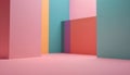 a pink, blue and orange room with a wall