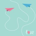 Pink and blue origami paper planes. Dash heart in