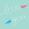 Pink and blue origami paper planes. Dash line text Love you in the sky. Greeting card. Flat design.