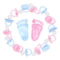Pink blue pacifier round frame, newborn girl boy twins footprints. Baby shower, gender reveal party. Hand drawn Royalty Free Stock Photo
