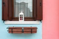 Pink and blue painted facade of the house. Burano, Italy Royalty Free Stock Photo