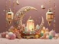 Pink and Blue pastel 3D luxury Ramadan presentation with golden and crystal crescent podium display.