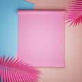 Pink and blue pastel with pink palm leaves. mock up, blank minimalistic empty showcase template, art deco shop display, 3d render