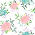 Pink blue Peonies ornamental bunches with leaves on white retro vector seamless pattern design. Royalty Free Stock Photo