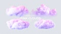 Pink, blue, purple clouds isolated on a transparent background. 3D realistic set of clouds. Real transparent effect