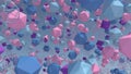 Pink, blue, purple polyhedrons. Blue background. Abstract animation, 3d render.