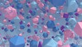 Pink, blue, purple polyhedrons. Blue background. Abstract illustration, 3d render.