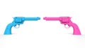 Pink and blue revolver pistols pointed at each other