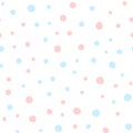 Pink and blue round spots on white background. Cute seamless pattern. Irregular polka dots.