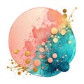 Pink blue round watercolor splash splatter stain brush strokes with 3d circles, gold glitter on white background. Trendy isolated Royalty Free Stock Photo