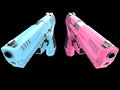 Pink and blue semi auto handguns - top down view