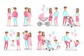 Pink blue Set of characters the family. Creation, birth of children, care and upbringing. Mother, father, daughter and son. Vector