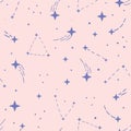 Pink and blue shooting star galaxy pattern, vector repeat background with stars and constellations Royalty Free Stock Photo