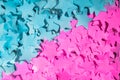 Pink and blue stars. Bright colored sequins, tinsel, confetti. Festive background for the gender party and the