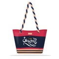 Pink and blue striped summer beach bag decorated with hand-lettering summer. Realistic vector illustration. Isolated