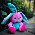 A pink and blue stuffed rabbit sitting on a rock. Generative AI image.