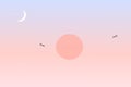 Pink and blue sunset landscape with sun moon and stars background illustration Royalty Free Stock Photo