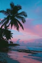 Pink and blue sunset at summer beach with palm trees silhouette, tropical vacation paradise scene Royalty Free Stock Photo