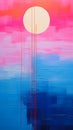 Pink blue sunset, white circle, abstract liquid moon rays, bloss