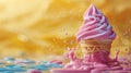 Pink and blue swirl ice cream cone with splashes