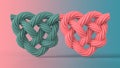 Pink and blue tangled wire hearts on solid background