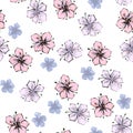 Pink and blue tender spring flowers , floral seamless pattern on white background