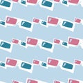 Pink and blue tones 3D glasses silouettes seamless pattern. Lighr soft blue background. Simple cinema backdrop