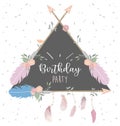 Pink blue triangle invitation card with feather,flower,leaf,arrow and frame
