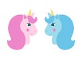 Pink and blue unicorn head with mane and yellow horn. Cute fantasy unicorn, fairytale for baby. Vector illustration on Royalty Free Stock Photo