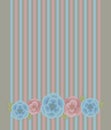 Pink-blue vector floral composition with green leaves and shadow horizontal object card on striped colored and gray background.