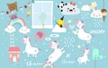 Pink blue violet hand drawn with heart,cloud,unicorn,bear,panda,elephant and rain