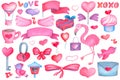 Pink blue watercolor heart and wings on white background. Valentine`s Day handdrawn clipart set