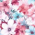 Pink, blue and white floral flower background. Watercolor, flat artwork