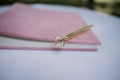 Pink book with a beautiful pen on the table Royalty Free Stock Photo