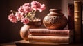 Pink Books and Antique Vase on Wooden Shelf