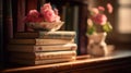 Pink Books and Antique Vase on Wooden Shelf