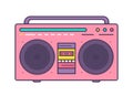 Pink boombox, portable music player with integrated loudspeakers, carrying handle and cassette recorder isolated on