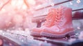 Pink Boots Resting On Bench Under Cherry Blossoms Royalty Free Stock Photo