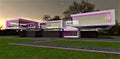Pink border of the granite walkway on the meadow in front of the upscale modern illuminated house. 3d rendering