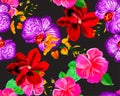 Pink Botanical Jungle. Purple Orchid Textile. Green Hibiscus Print. Colorful Flower Background. Red Watercolor Set. Yellow Seamles Royalty Free Stock Photo