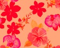 Pink Botanical Jungle. Scarlet Orchid Decor. Coral Hibiscus Leaves. Flower Jungle. Watercolor Texture. Seamless Foliage. Pattern B Royalty Free Stock Photo